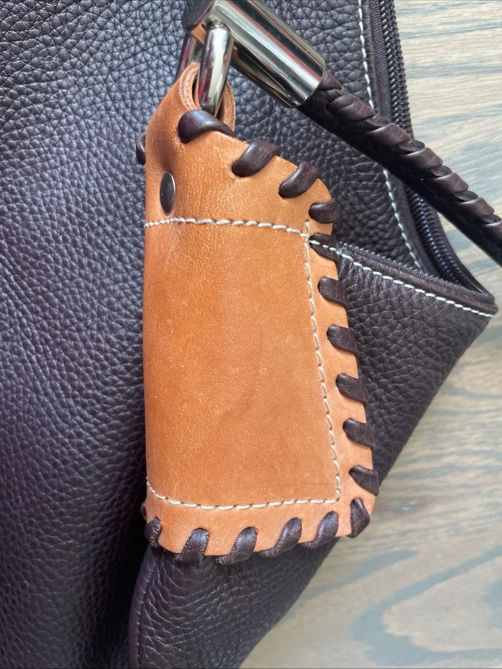 OMBU Dark Brown Penble Leather Hobo Shoulder Bag with Tan Accent Panels